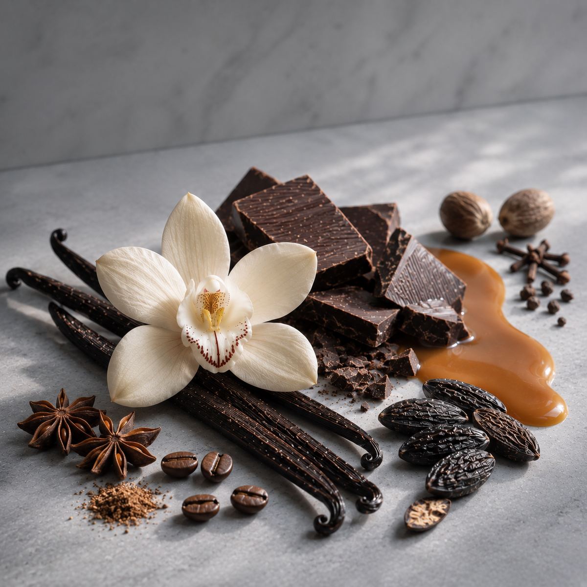 Herrparfym Söt & Gourmand: vanilj, mörk choklad, kola och kryddor