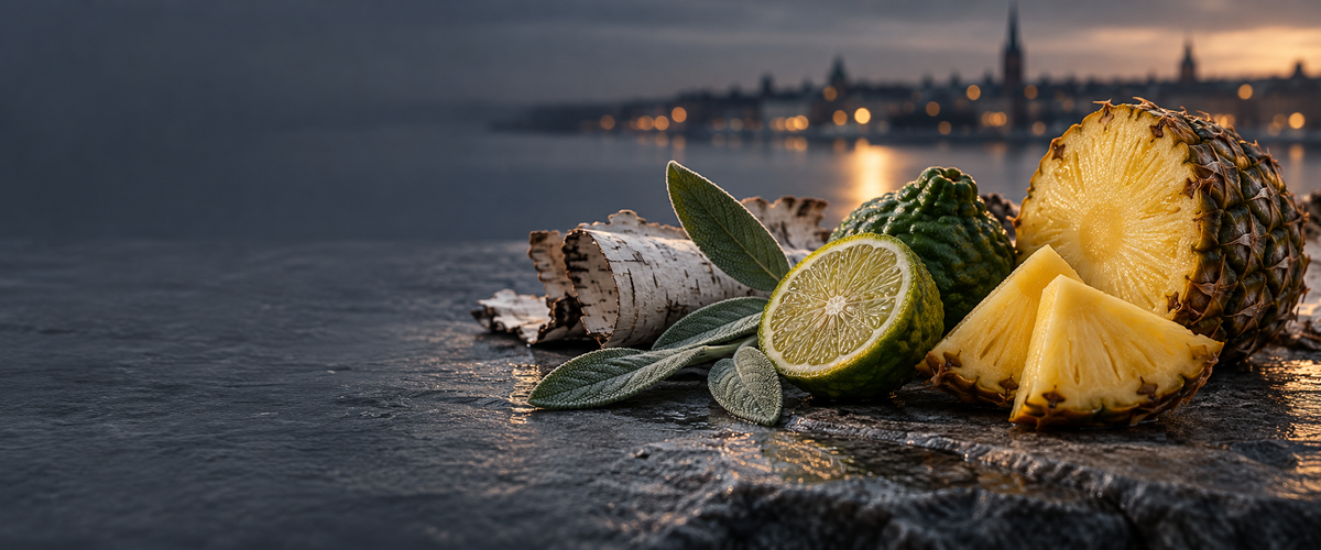 Armaf men's fragrances: bergamot, pineapple and sage on grey stone