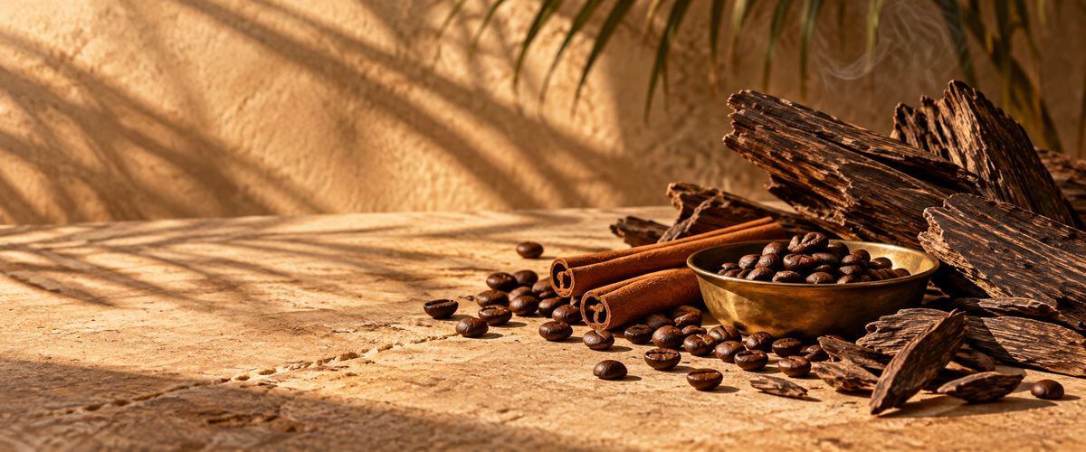 Lattafa men's fragrances: coffee beans, cinnamon and oud wood in warm light